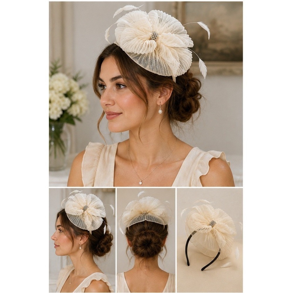 C.C Exclusives Fascinator Women OS Cream Derby Wedding Coquette Rhinestone Bow
